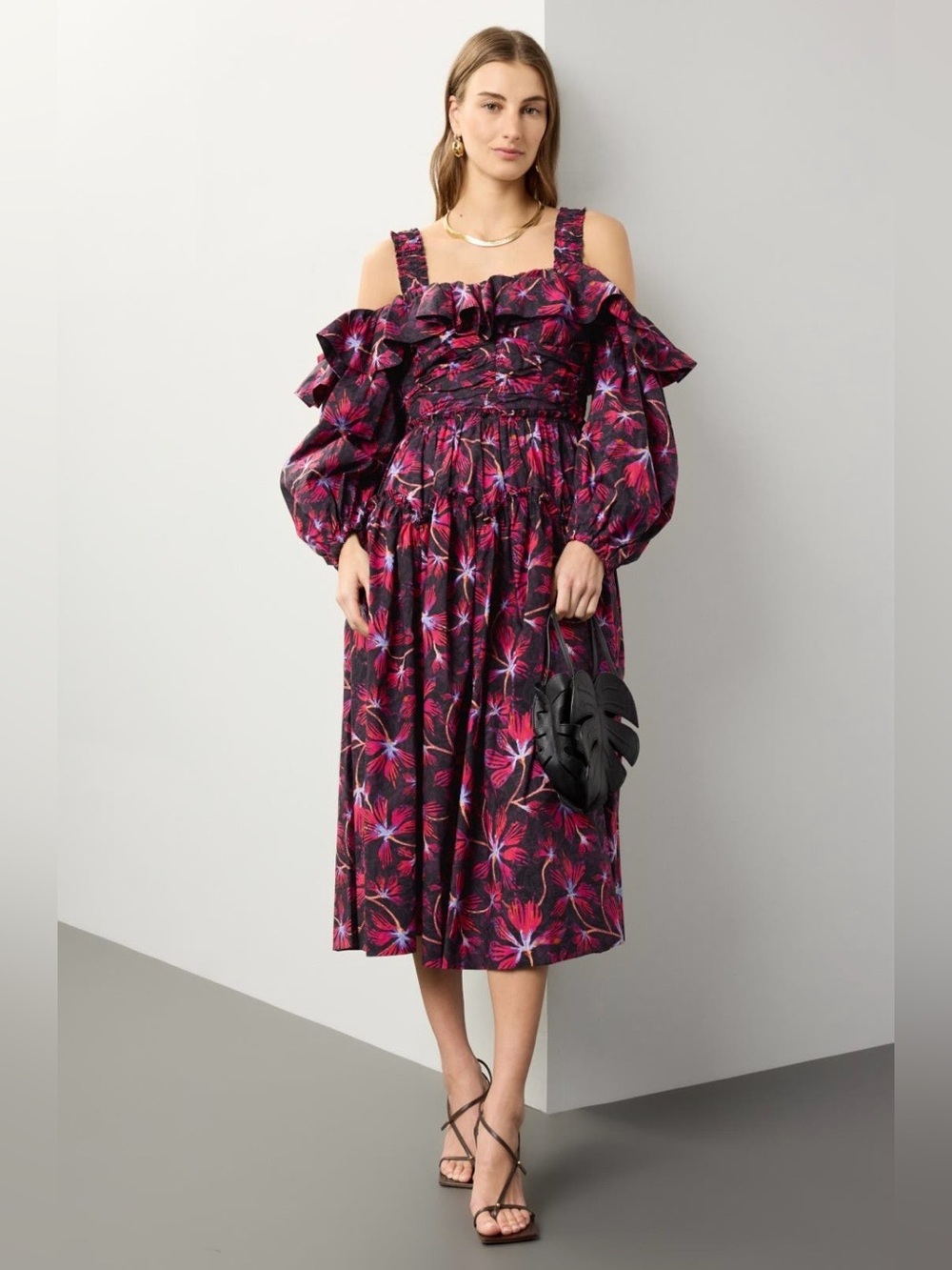 Ulla Johnson~Black & Fuchsia Floral Caprice Off-Shoulder Midi Dress~Size 4~$550~